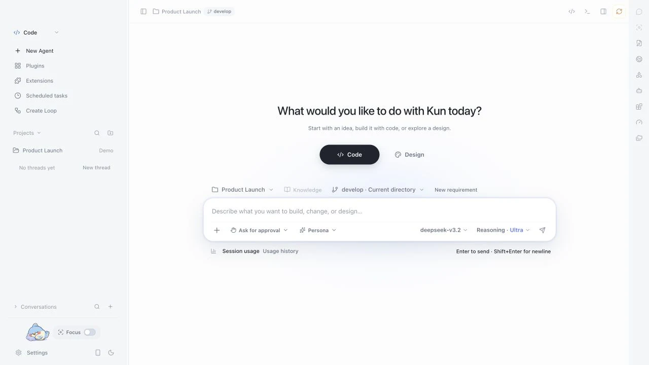 Code 模式概览:演示项目、Code 和 Design 任务入口、分支与任务输入区