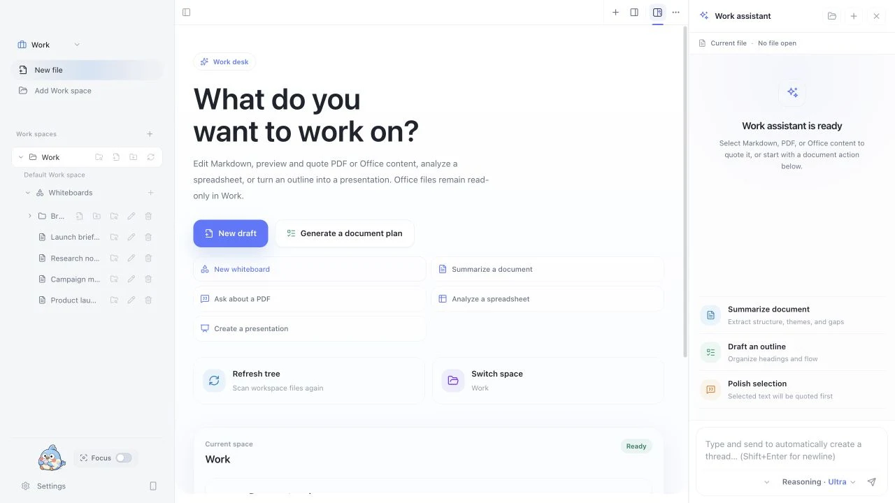 Work 模式概览:演示文件树、文档任务启动器和 Work assistant