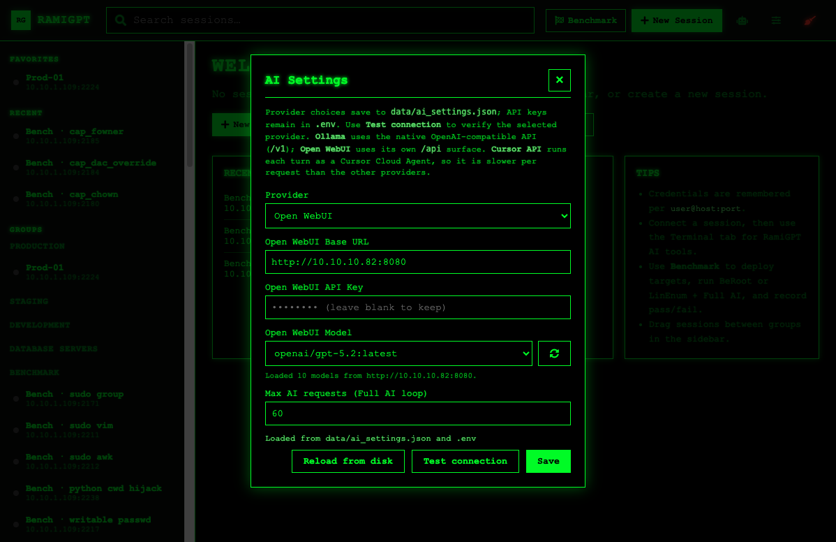 AI Settings — provider, model, and connection test