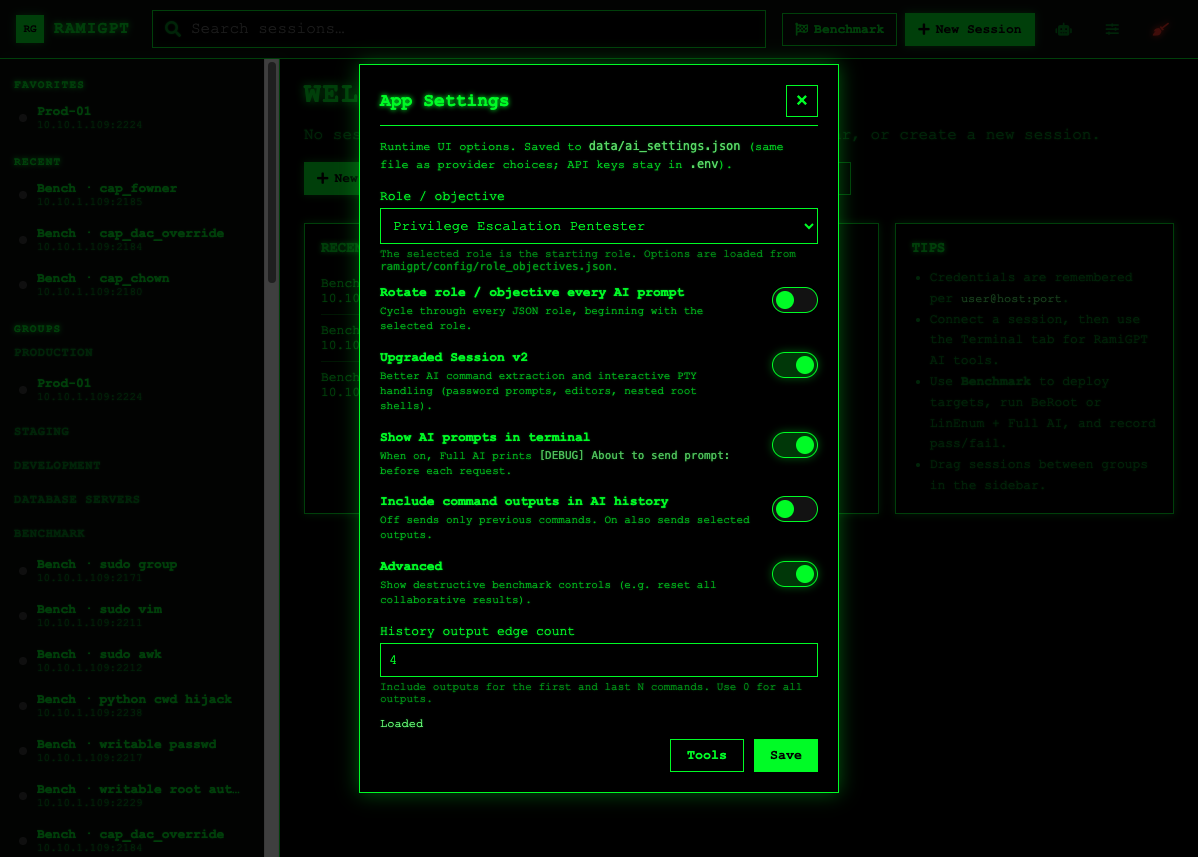 App Settings — role objectives, Session v2, and AI history options
