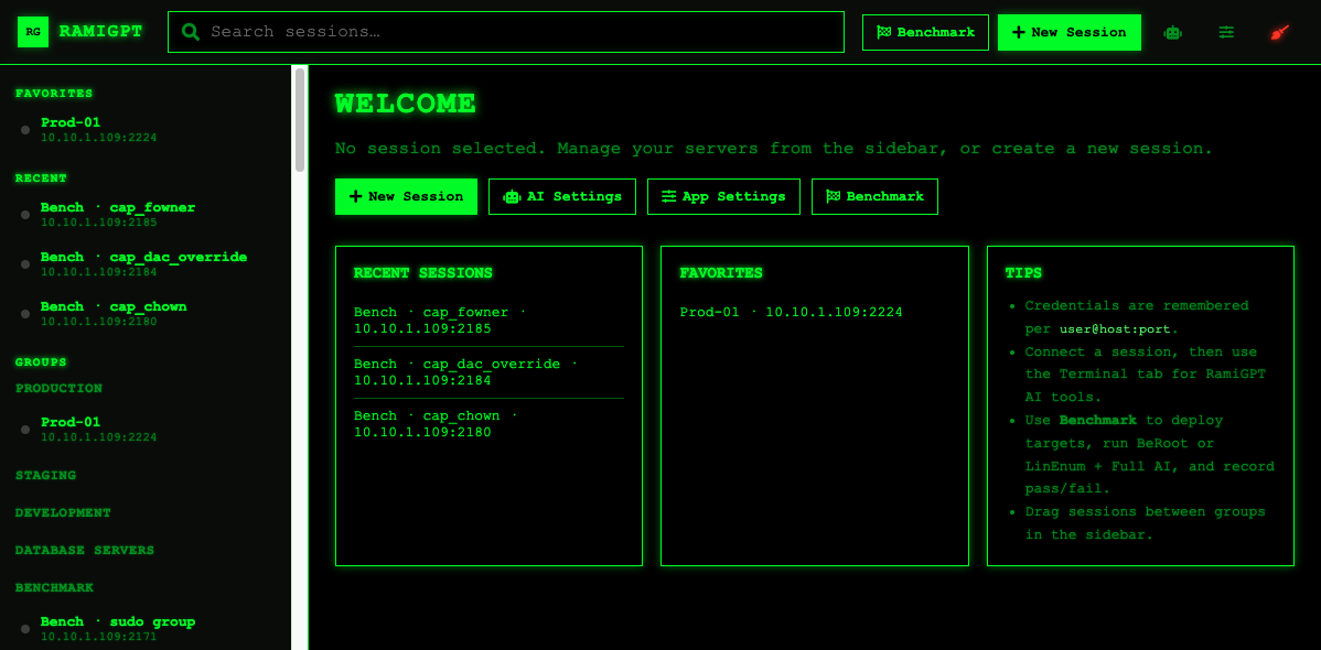 RamiGPT workspace — landing view with session inventory and quick actions