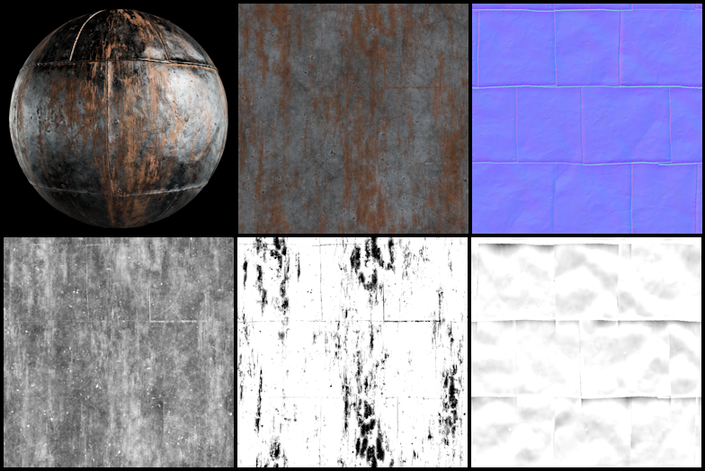 Albedo, normal, roughness, metalness, ambient occlusion