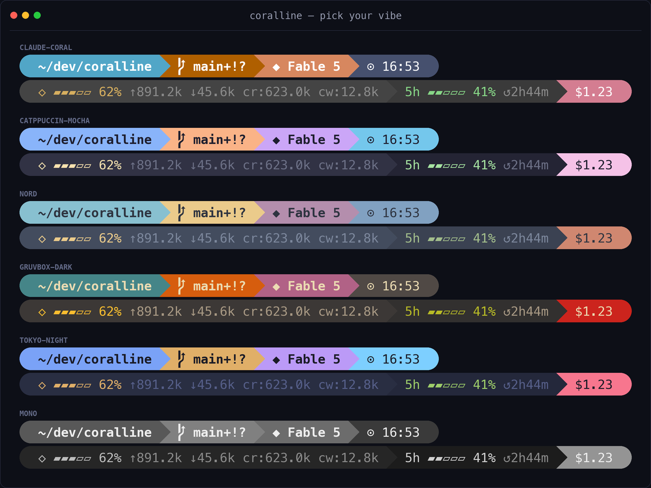 The original six coralline themes rendered side by side