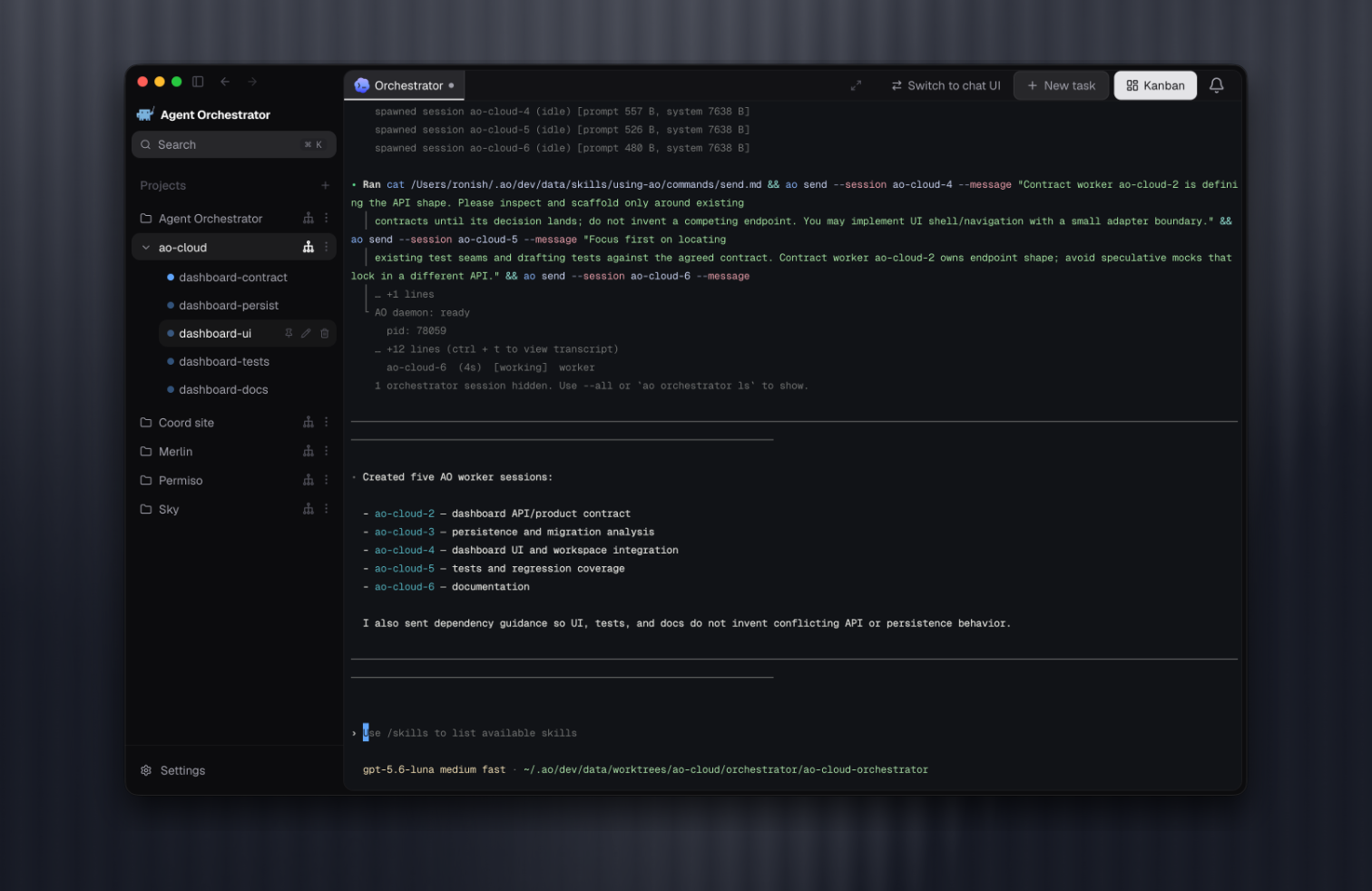 Orchestrator.inc coordinating multiple workers and passing them focused project context