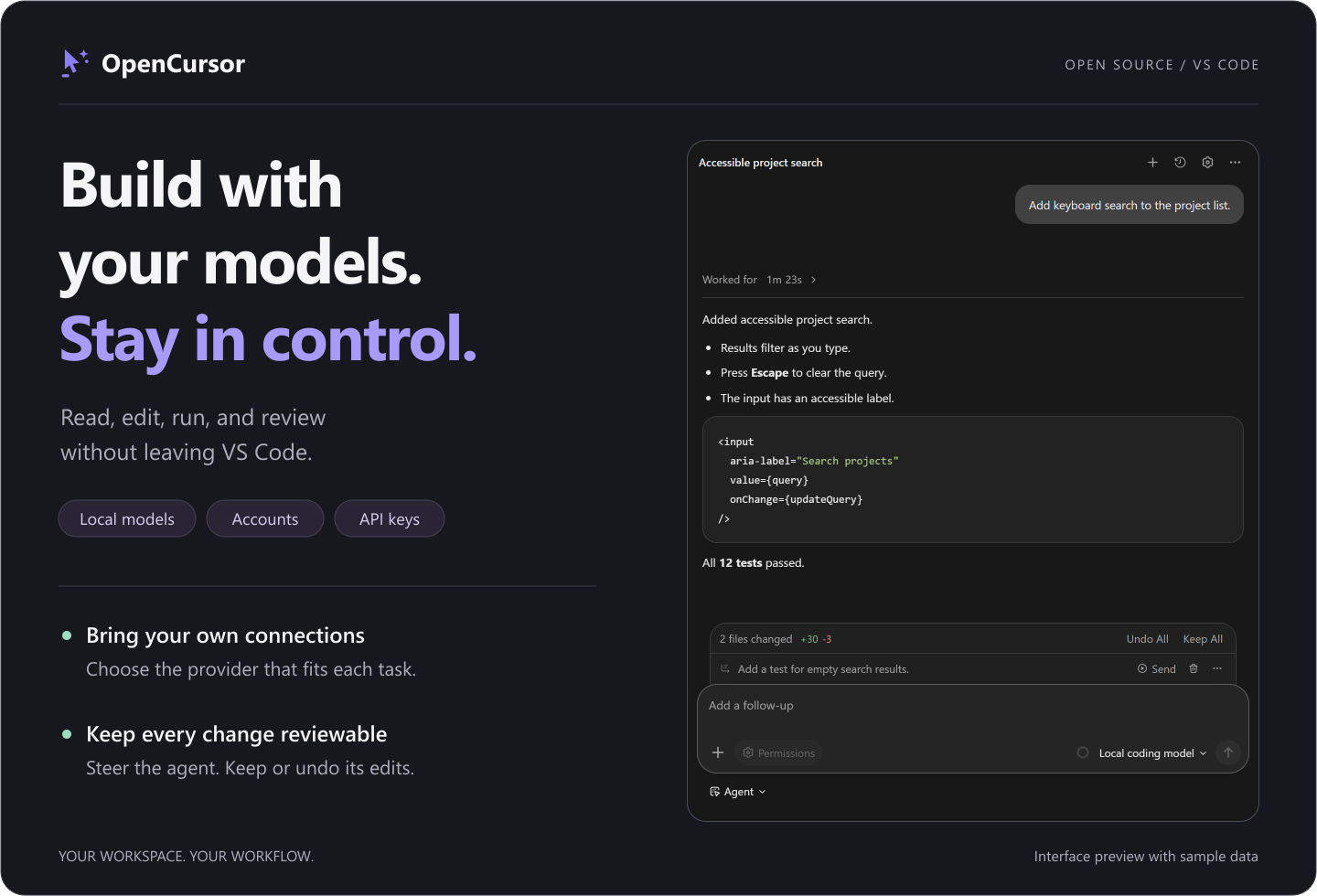 OpenCursor interface preview with a sample coding conversation, highlighted code, a queued follow-up, and controls to keep or undo changes.