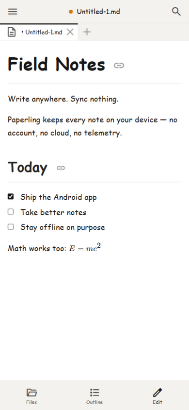 Paperling on Android — Reader mode showing Field Notes with a task list and inline math