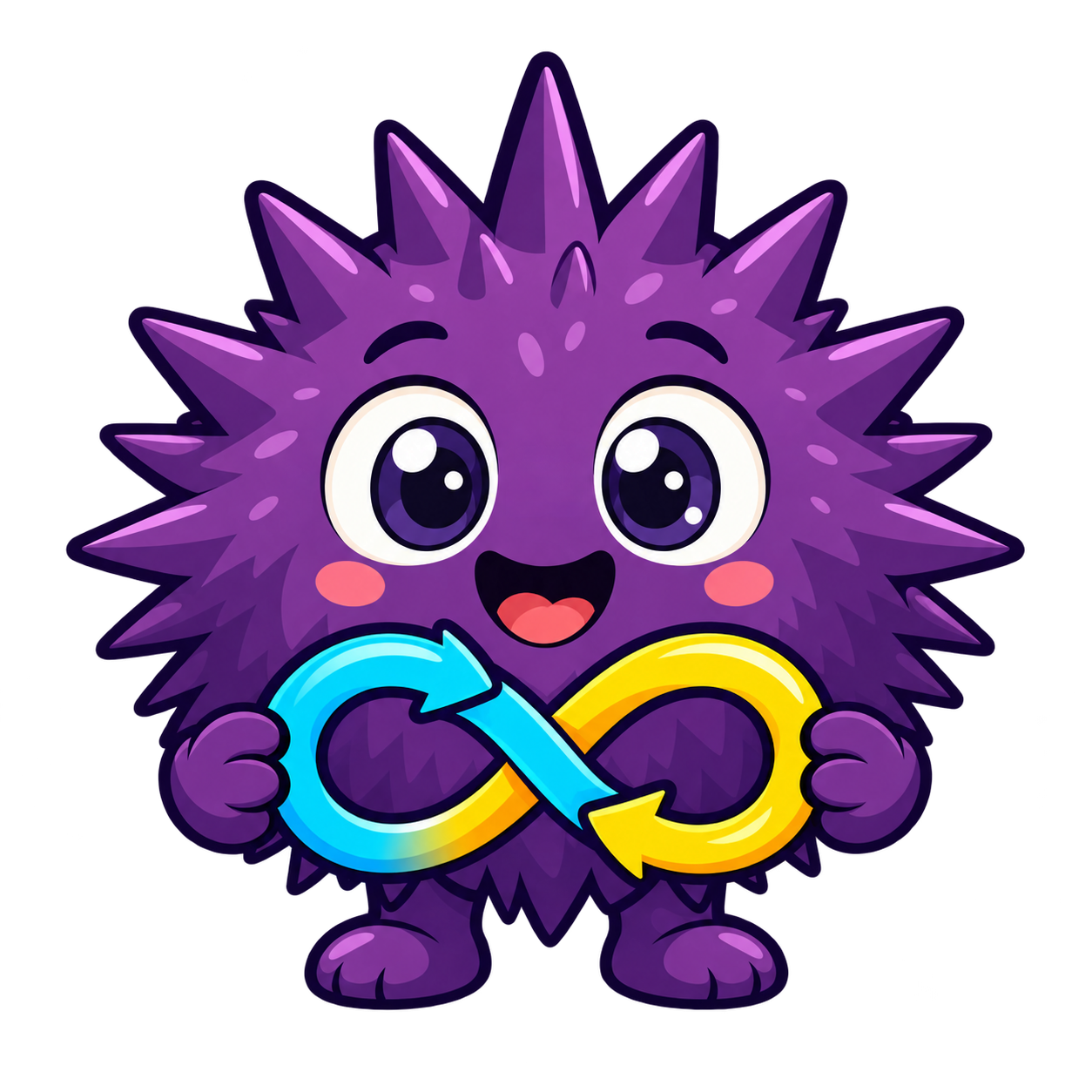 Rizzo Flow mascot — a purple hedgehog holding an infinity-shaped flow of arrows
