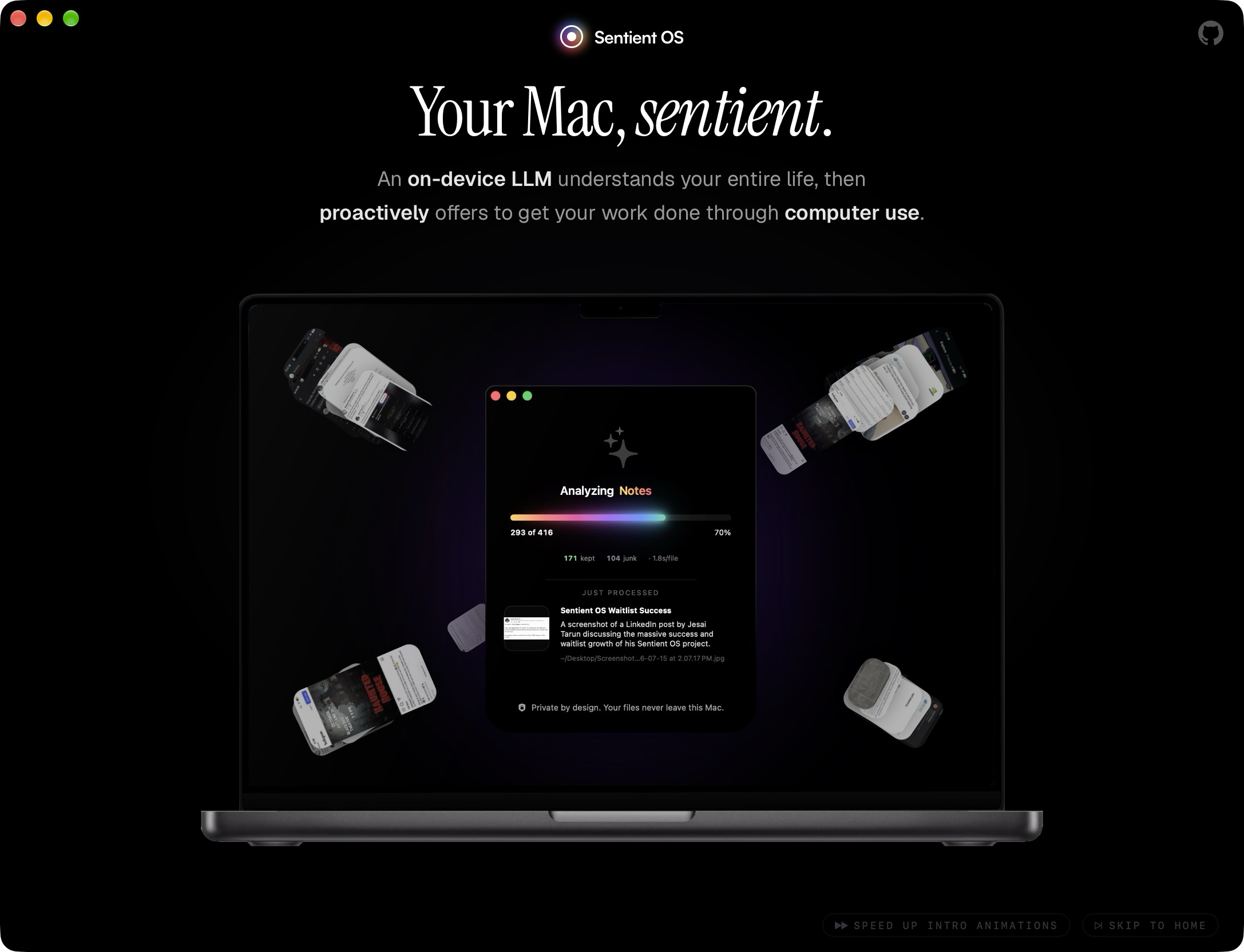 The on-device processing scene: files and screenshots flow into a Mac while Sentient analyzes local material.