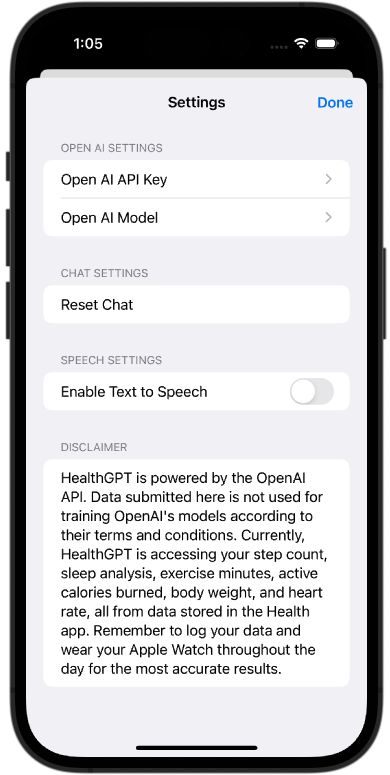 Screenshot showing settings for HealthGPT.
