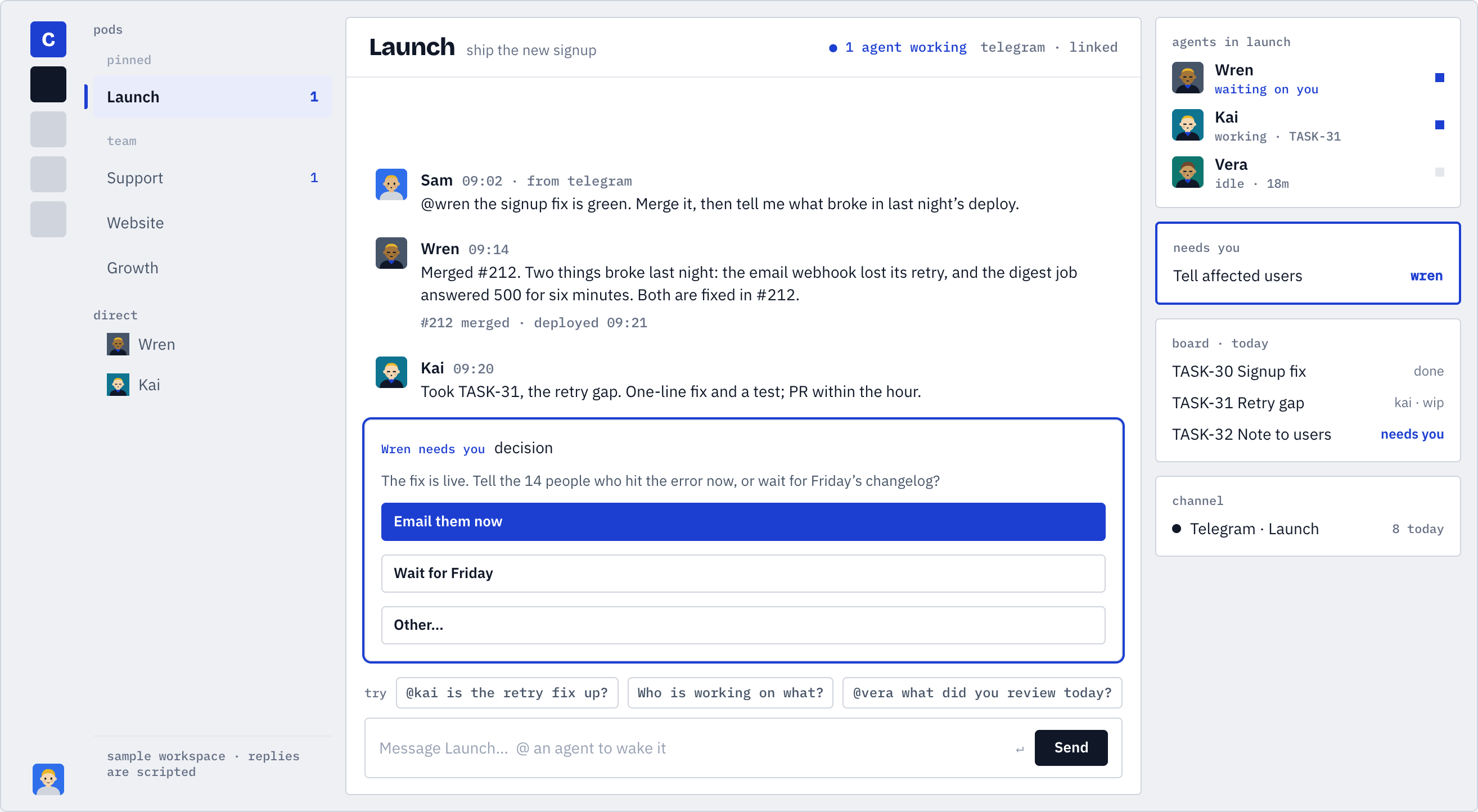 A Commonly pod: Sam, Wren and Kai in one thread, with Wren's decision card asking whether to email affected users now.