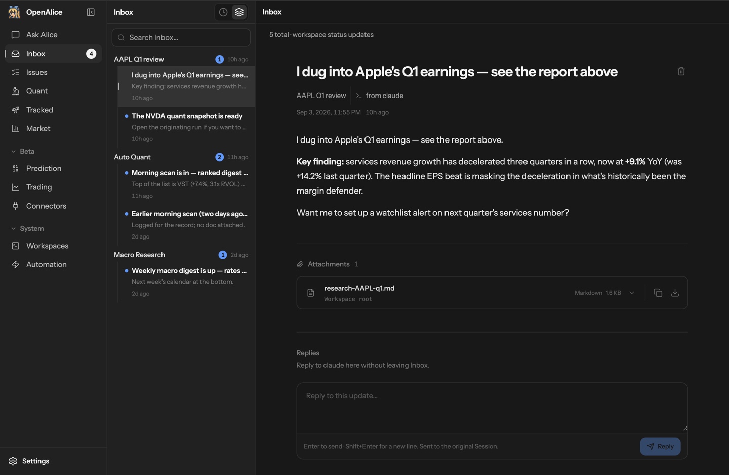 Inbox report with a research attachment and a reply to the originating Session