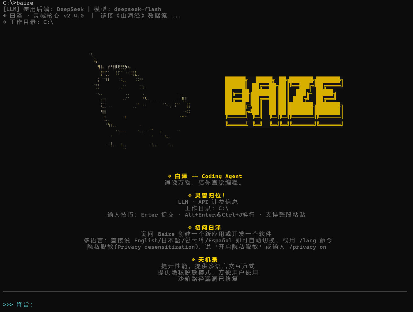 Baize CLI startup screen