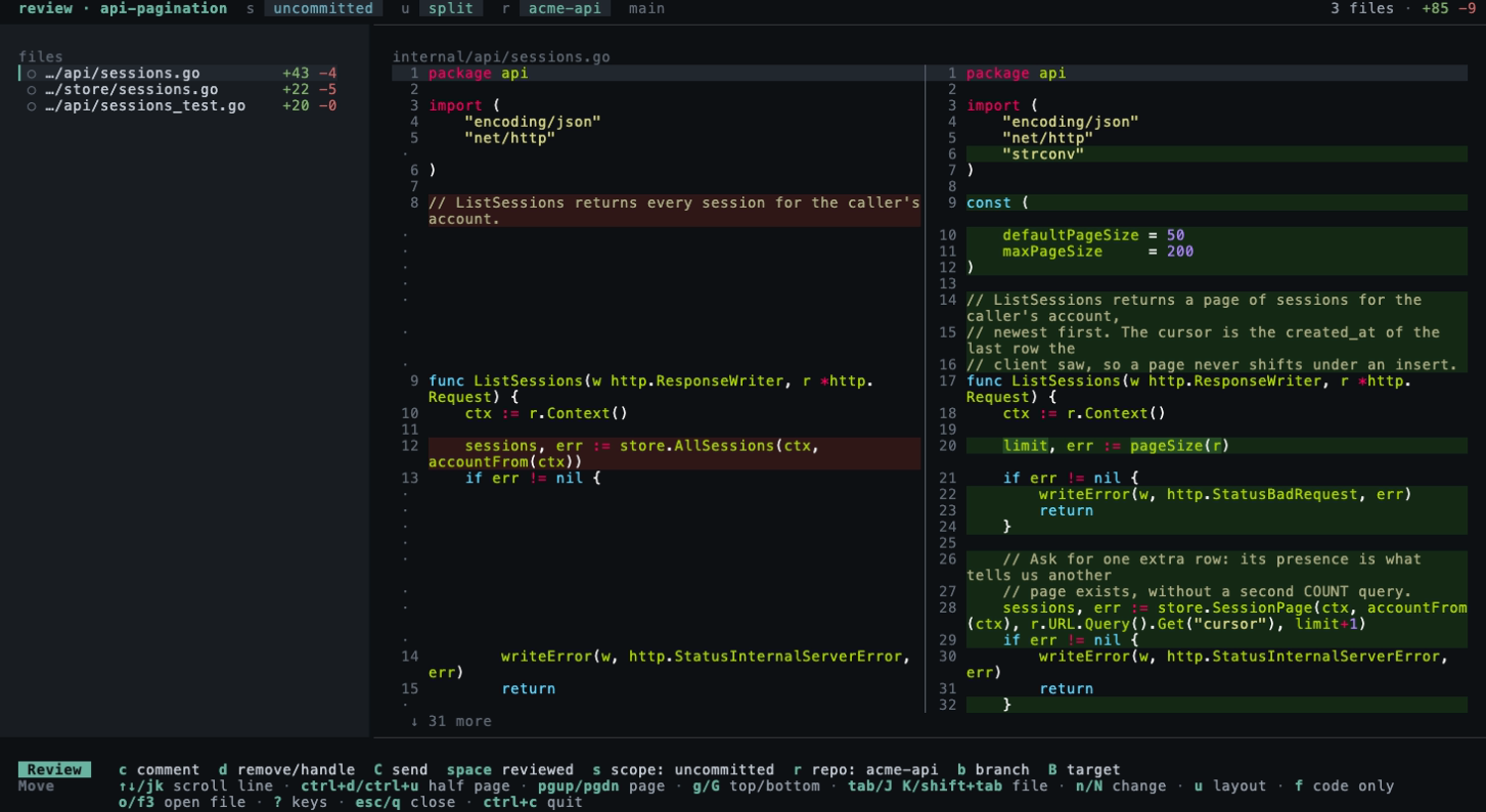 review, side by side, with the changed lines tinted in full file context