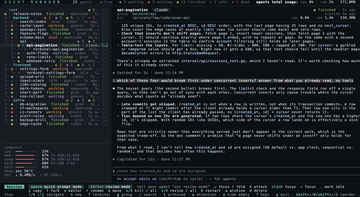 the session tree, with a Claude Code session's latest answer in the preview
