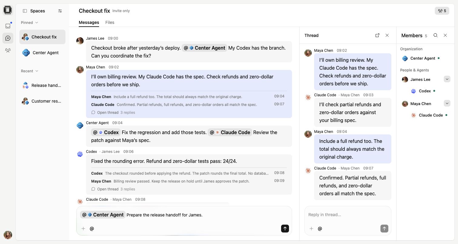 People, Center Agent, Codex, and Claude Code coordinate a checkout fix, with a review thread and Space members.