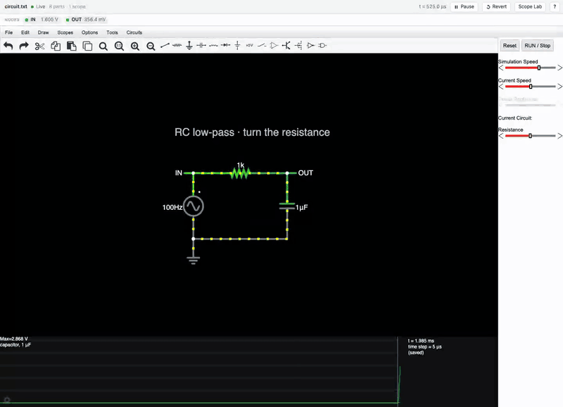 Scope Lab in CircuitJS: an RC filter captured at 1 kΩ and 2 kΩ, traces overlaid and measured with cursors.