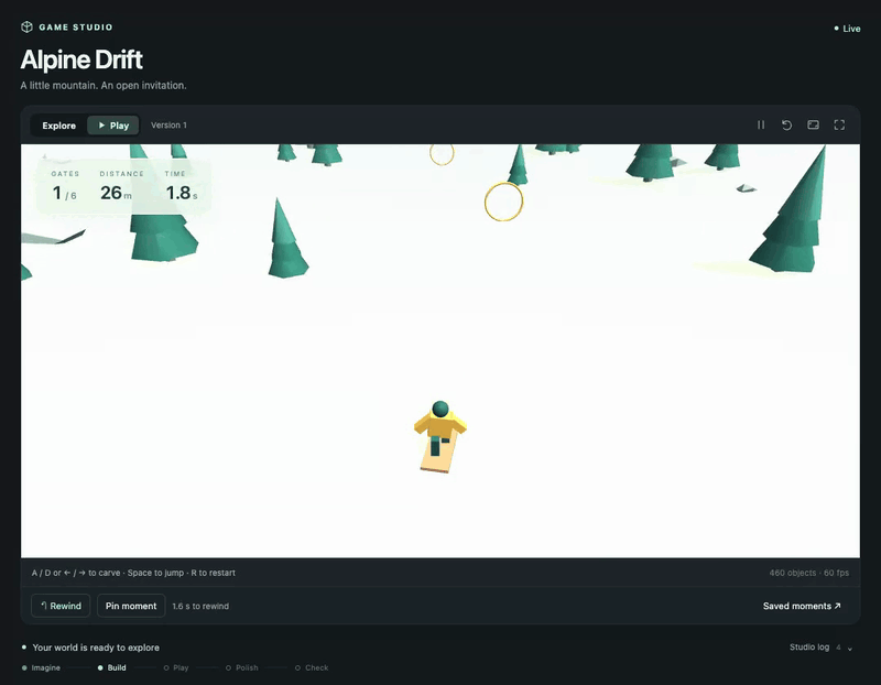 Alpine Drift, a game made with Godogen: a run is rewound, retried and a moment is pinned with feedback.