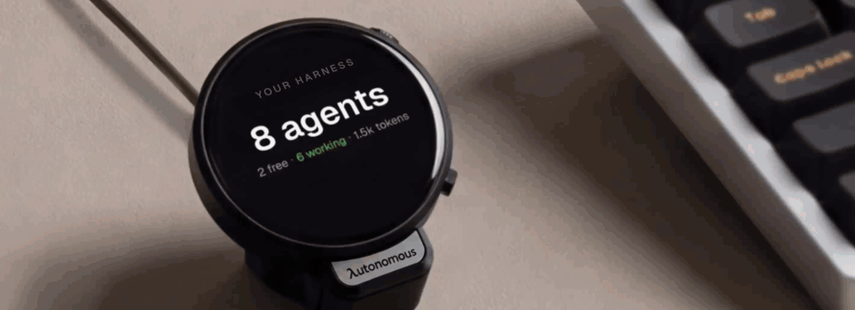 A finger taps the round Harness device, speaks a task to fix the login flow, and the device shows the agent deploying, then a summary of the shipped fix.