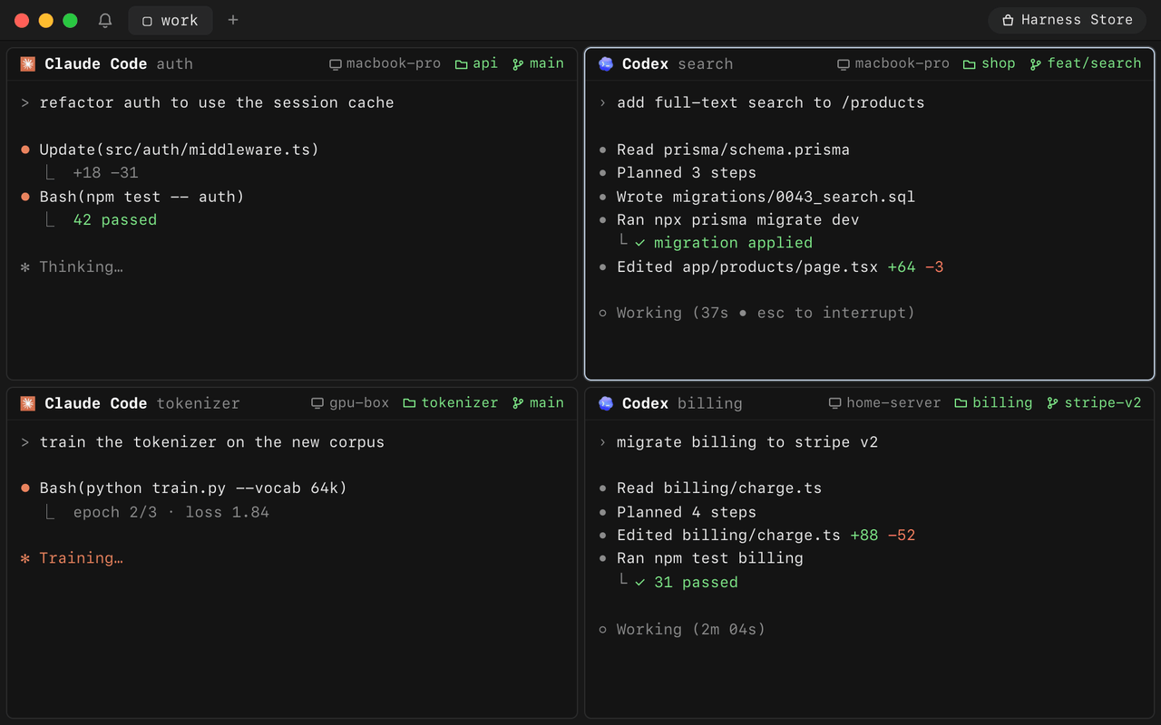 Keyboard only: open a harness by typing a few letters, zoom it, jump to the agent asking a question and answer it, then split a new pane below.