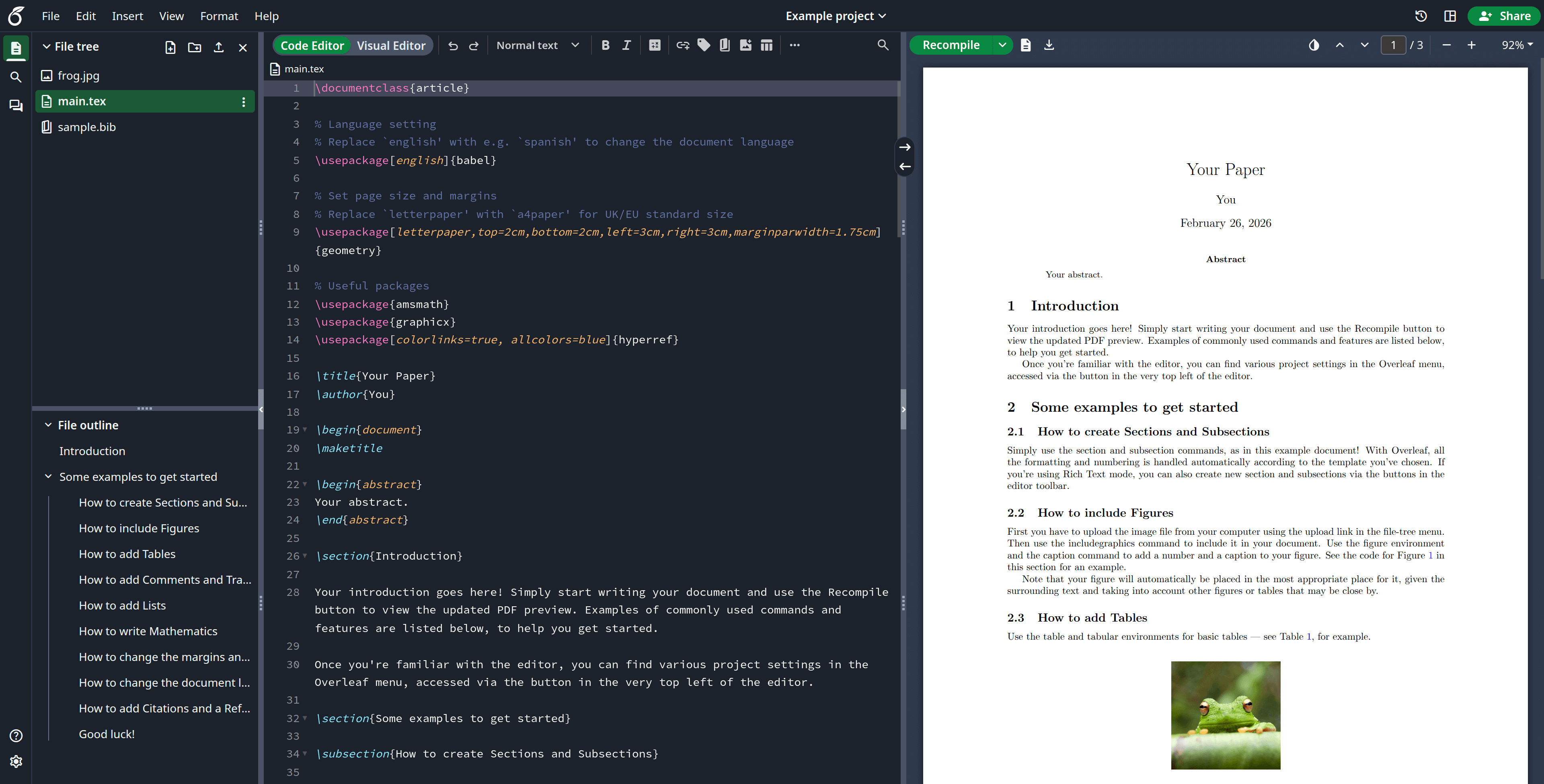 A screenshot of a project being edited in Overleaf Community Edition