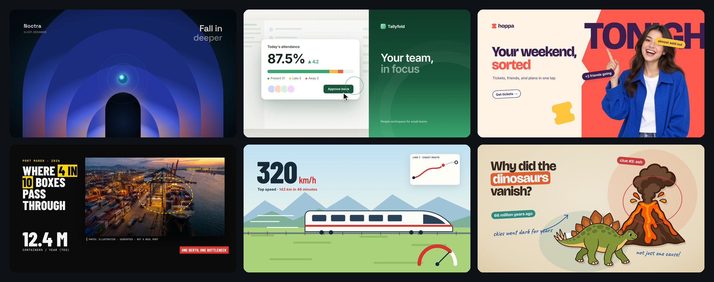 A grid of styles Bang Motion can build: grainy gradient opener, SaaS product tour, flat pop promo with photos, visual journalism explainer, continuous action explainer, cartoon collage explainer