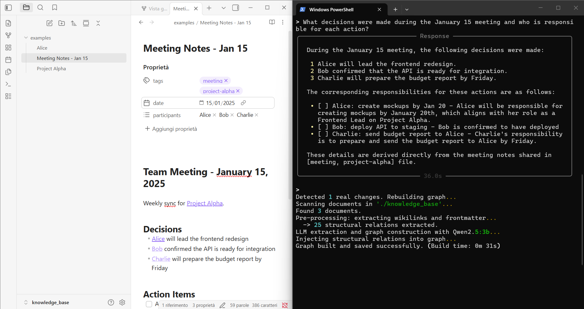 Kwipu terminal extracting decisions and responsibilities before rebuilding the graph after an Obsidian meeting-note update
