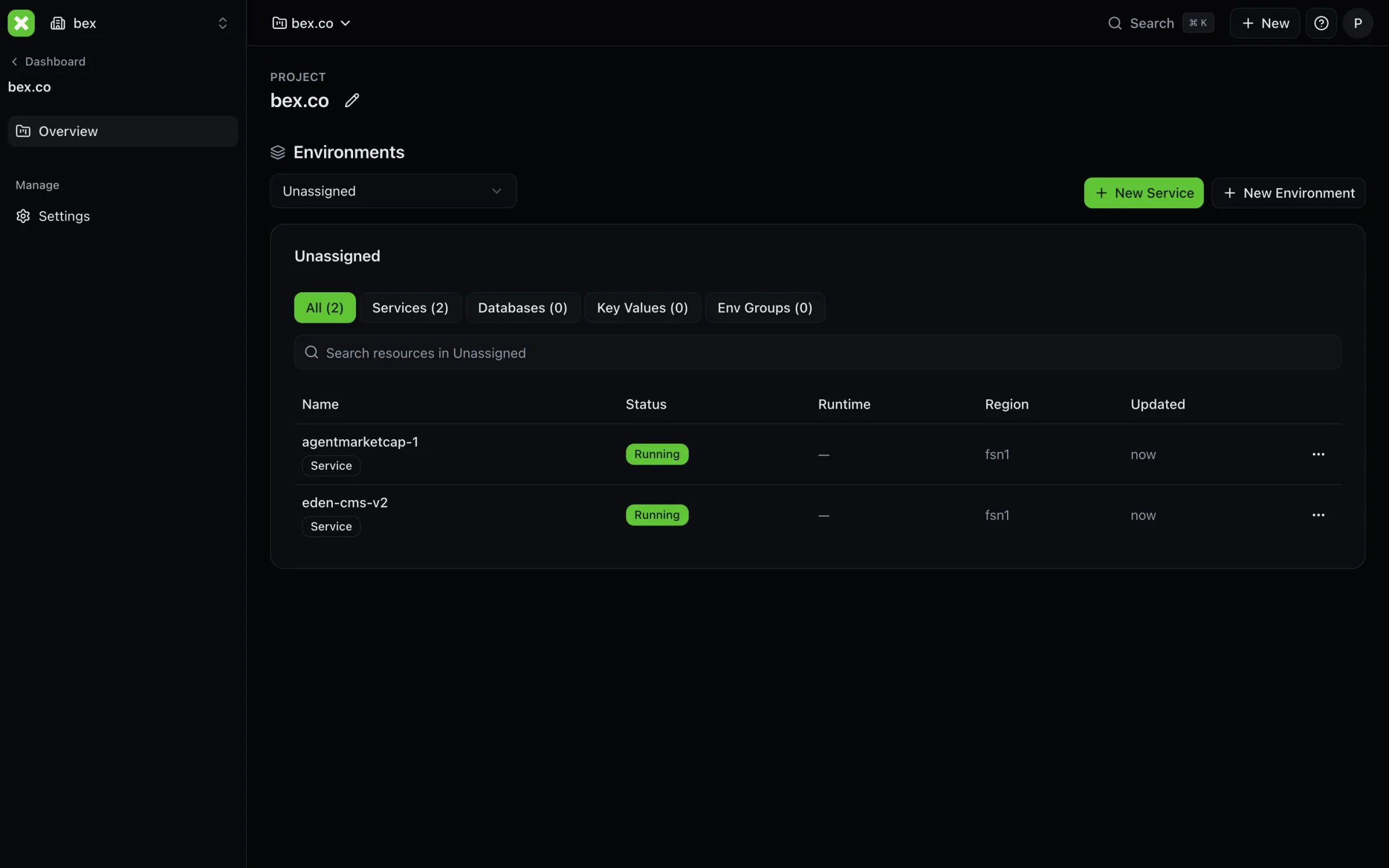bex dashboard showing two running services in the bex.co project