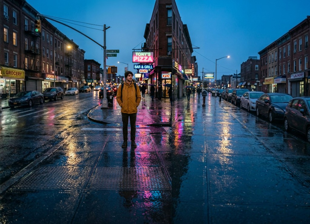 A 1024² portrait shot extended into a cinematic wide-angle scene with no visible seam