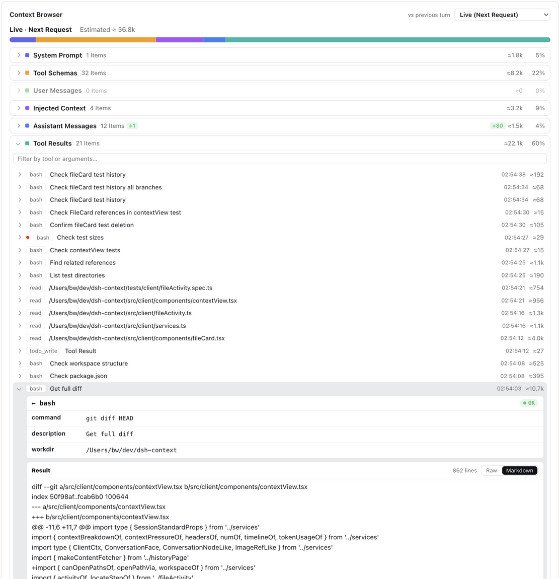 A tool result expanded with Raw/Markdown toggle