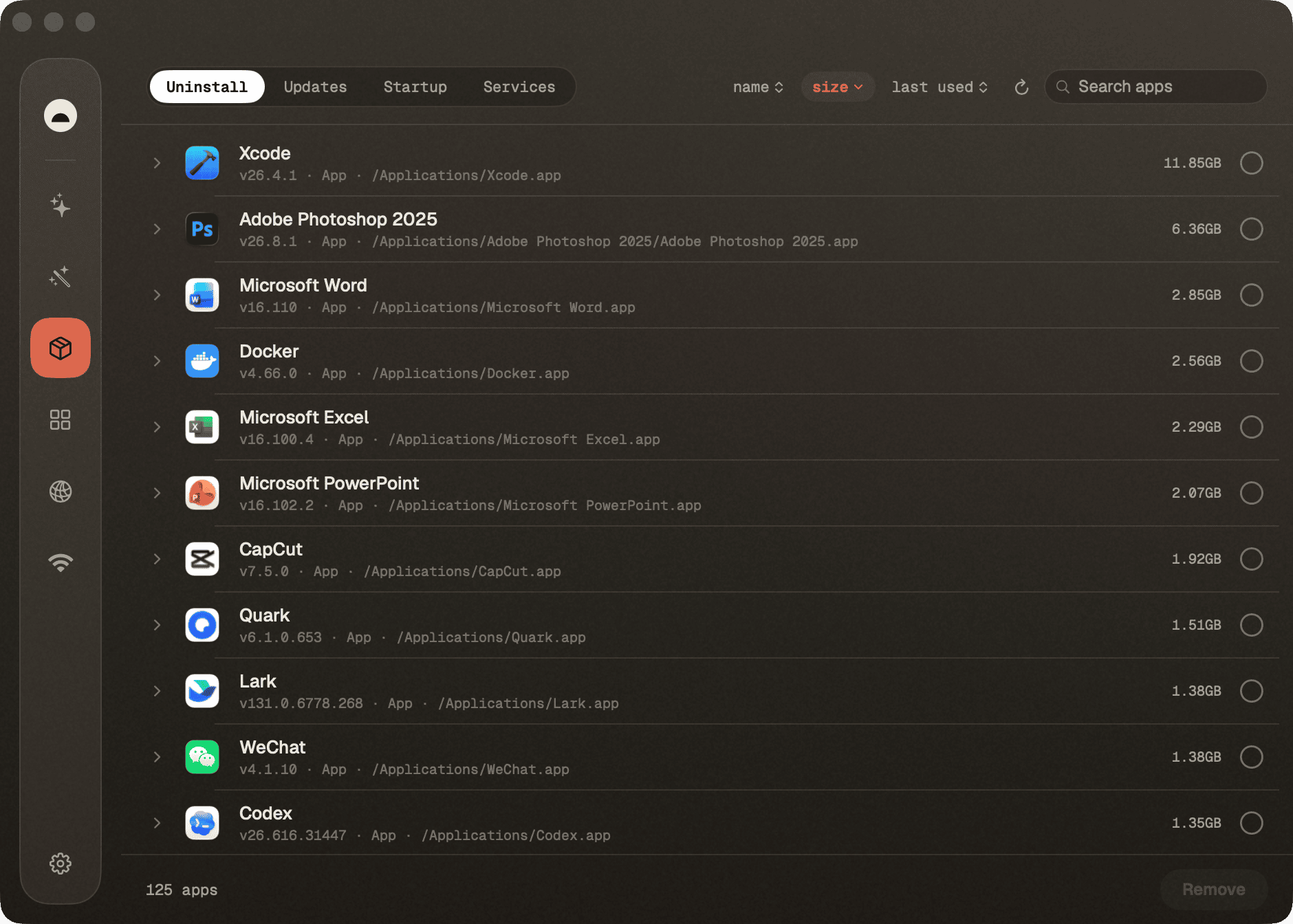 Software — installed apps with search, sort, and multi-select uninstall