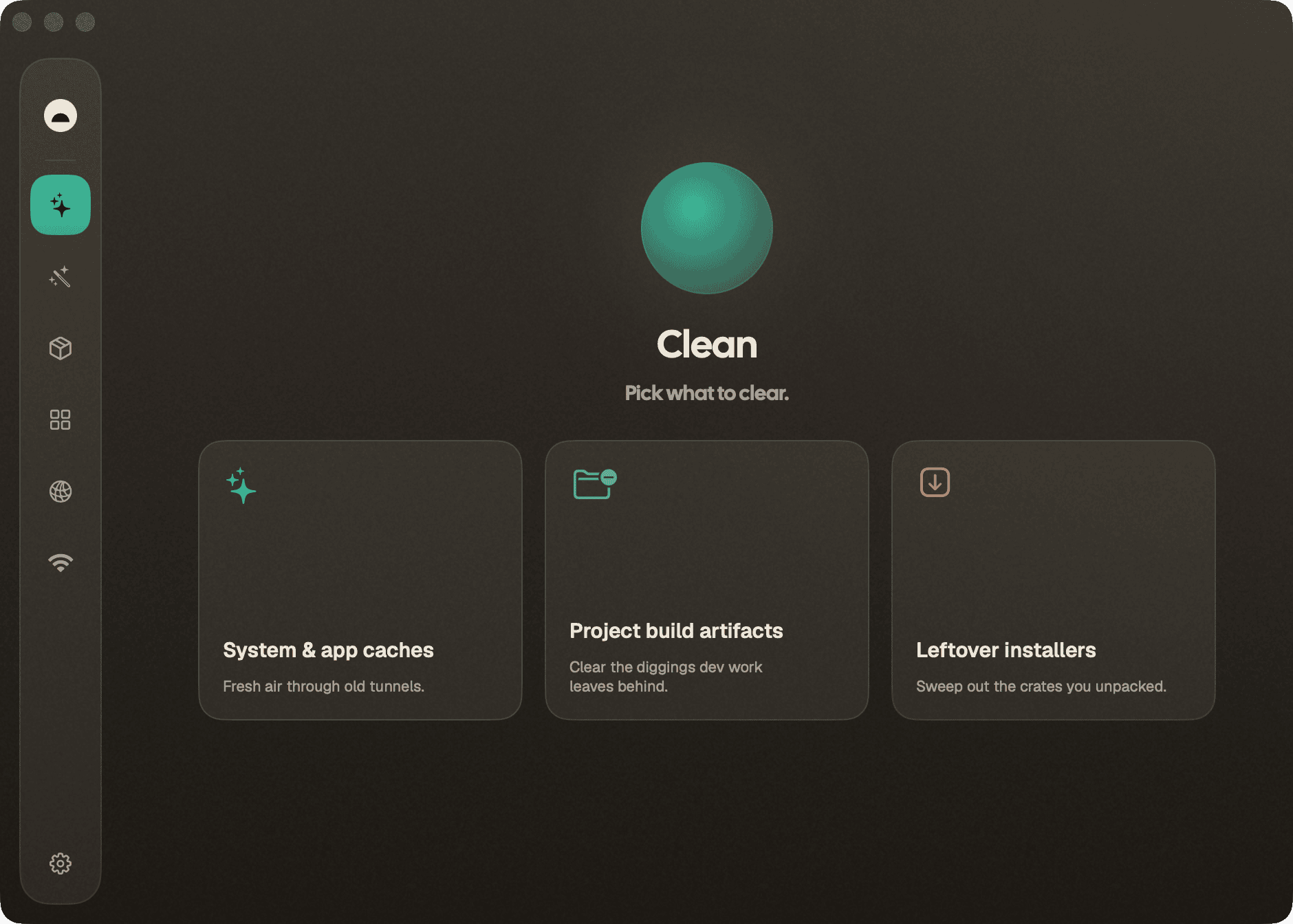 Clean — hub for caches, dev build junk, and leftover installers
