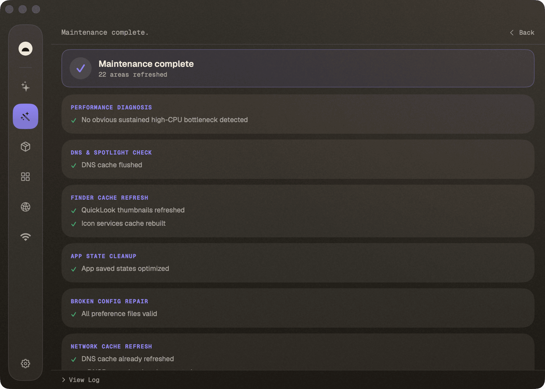 Optimize — maintenance complete, areas refreshed