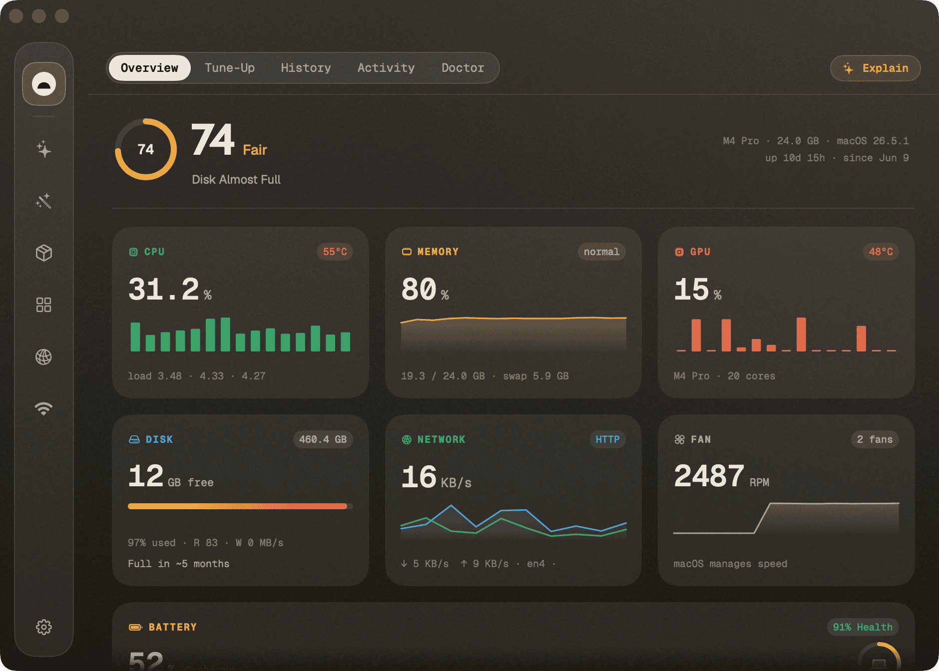 Status — live CPU, memory, GPU, disk, network, and battery