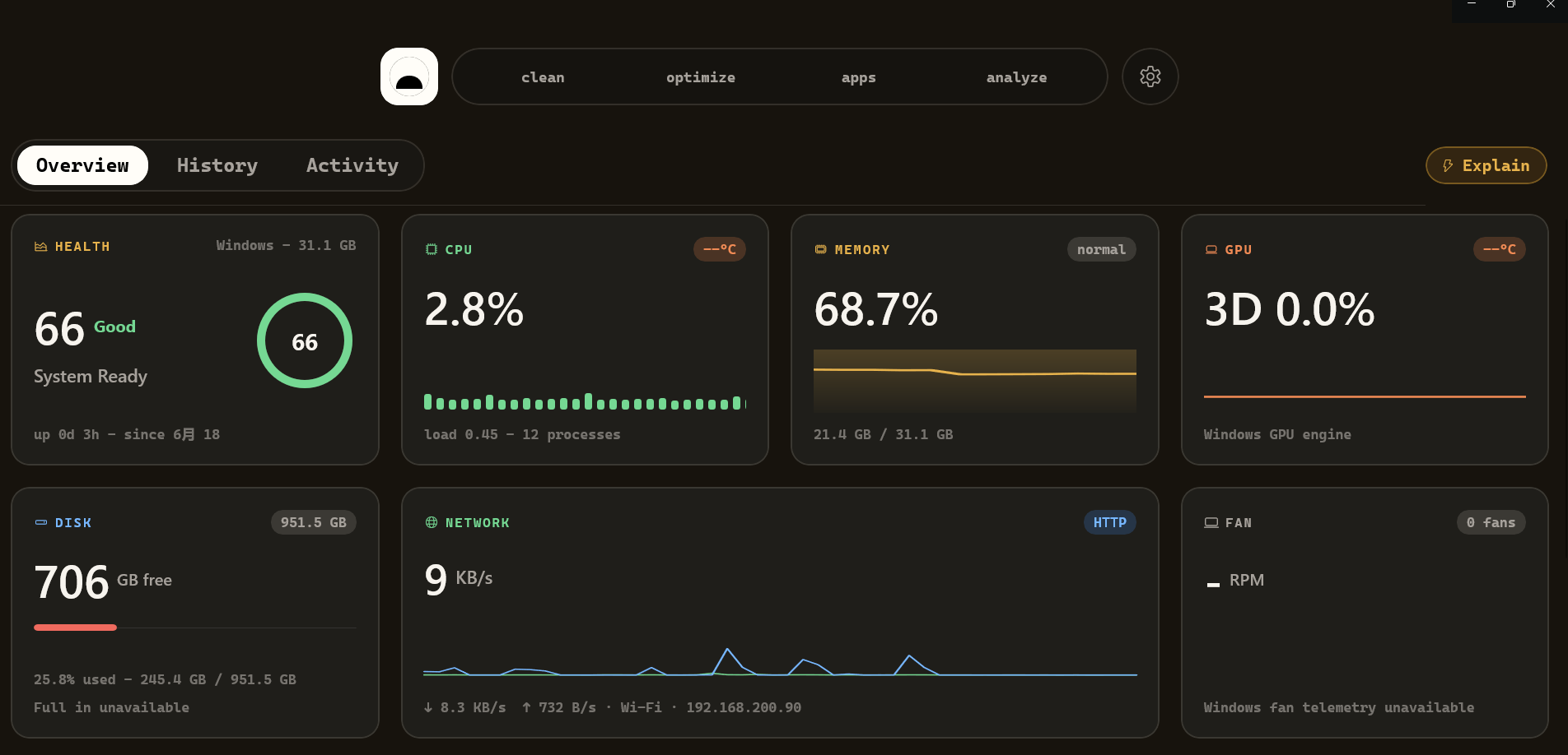 Windows preview — Status overview with health, CPU, memory, GPU, disk, network, and fan cards