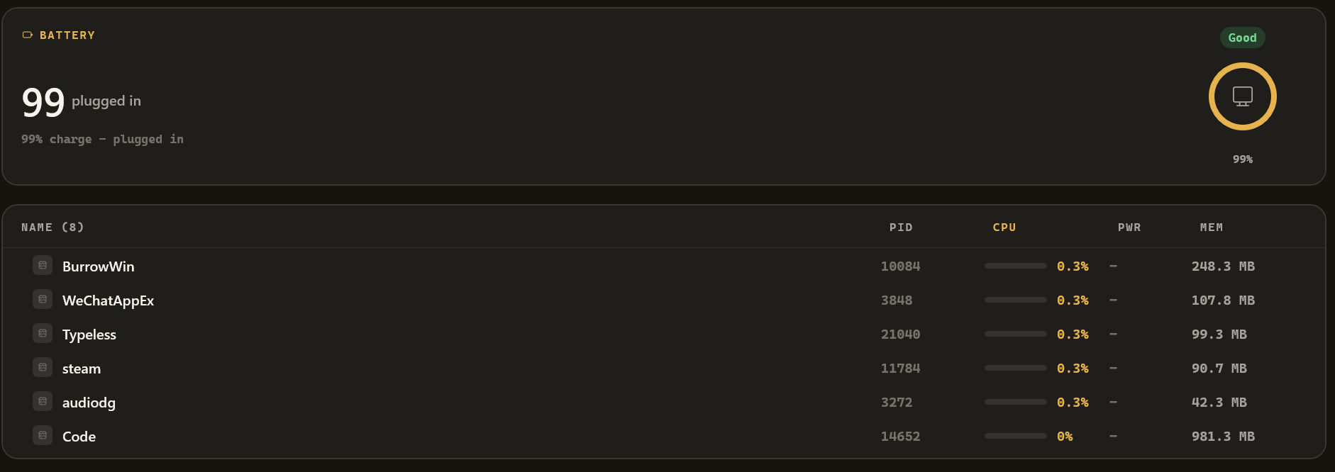 Windows preview — Status battery and process table