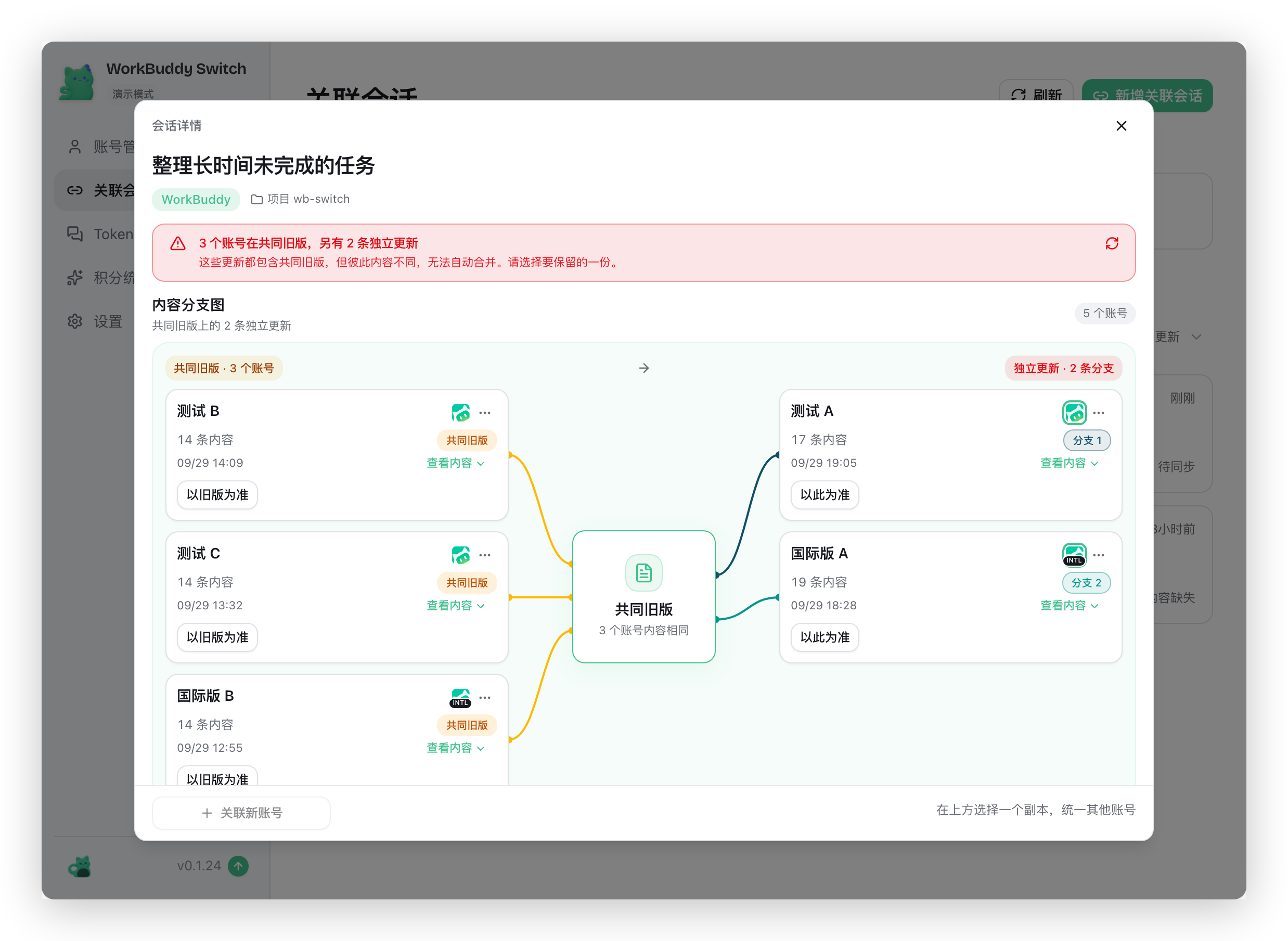 关联会话详情:内容分歧时的分支图