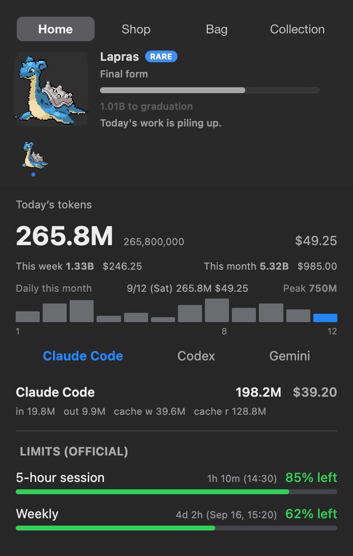 Popover home — companion, today's tokens, official limits