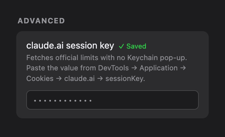 claude.ai session key in Settings → Advanced