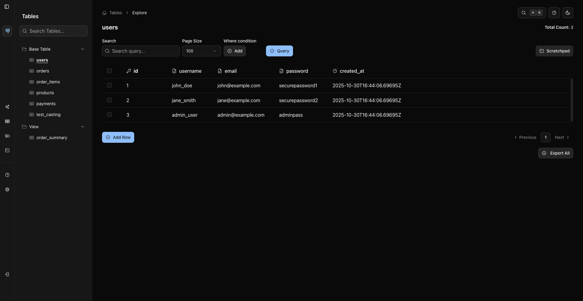 Browsing rows in the WhoDB data grid