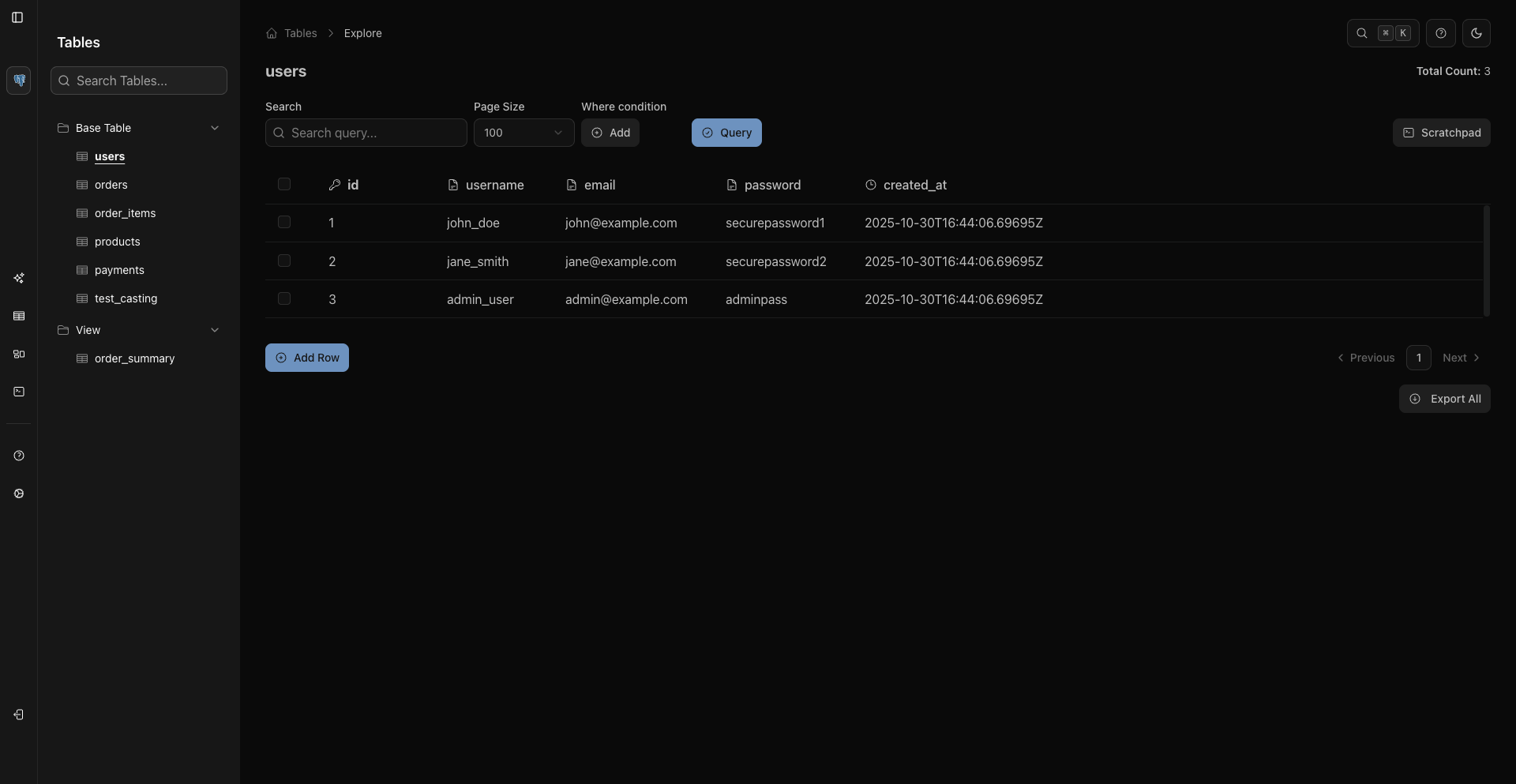 Adding a row in WhoDB