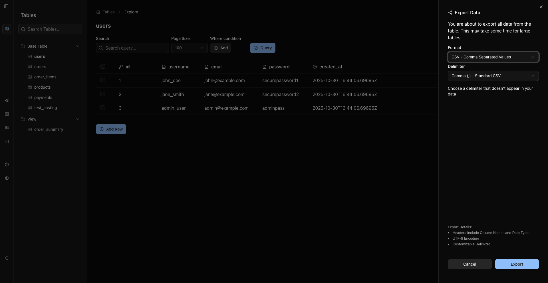Exporting data from WhoDB