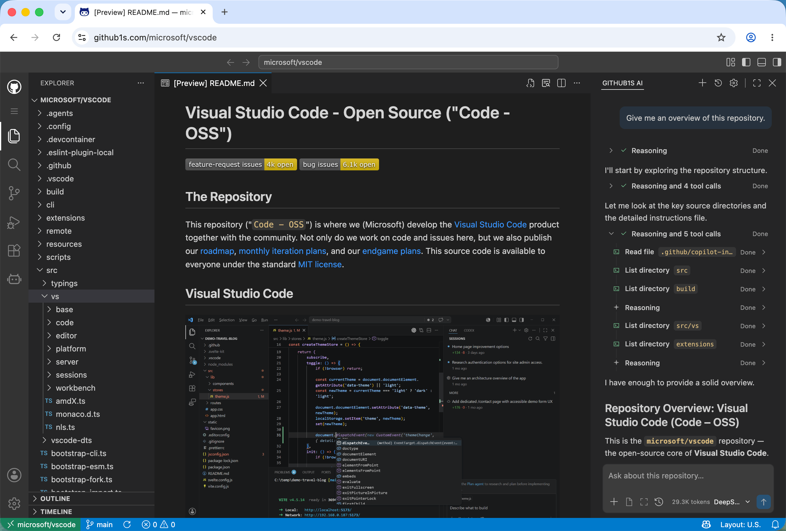 A repository open in GitHub1s, with the file explorer and README preview