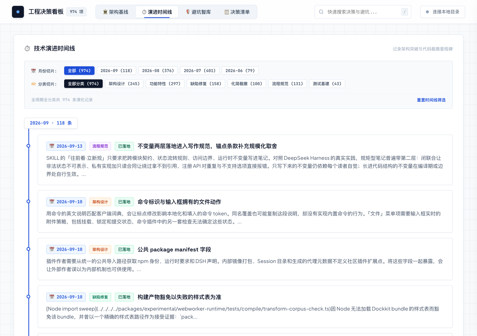 演进时间线：月份与分类双维切片，2026-06 至 2026-09 共 1,196 条记录
