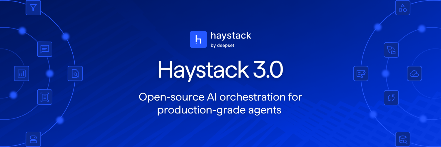 Blue banner with the Haystack logo and the text ‘haystack by deepset – The Open Source AI Framework for Production Ready RAG & Agents’ surrounded by abstract icons representing search, documents, agents, pipelines, and cloud systems.
