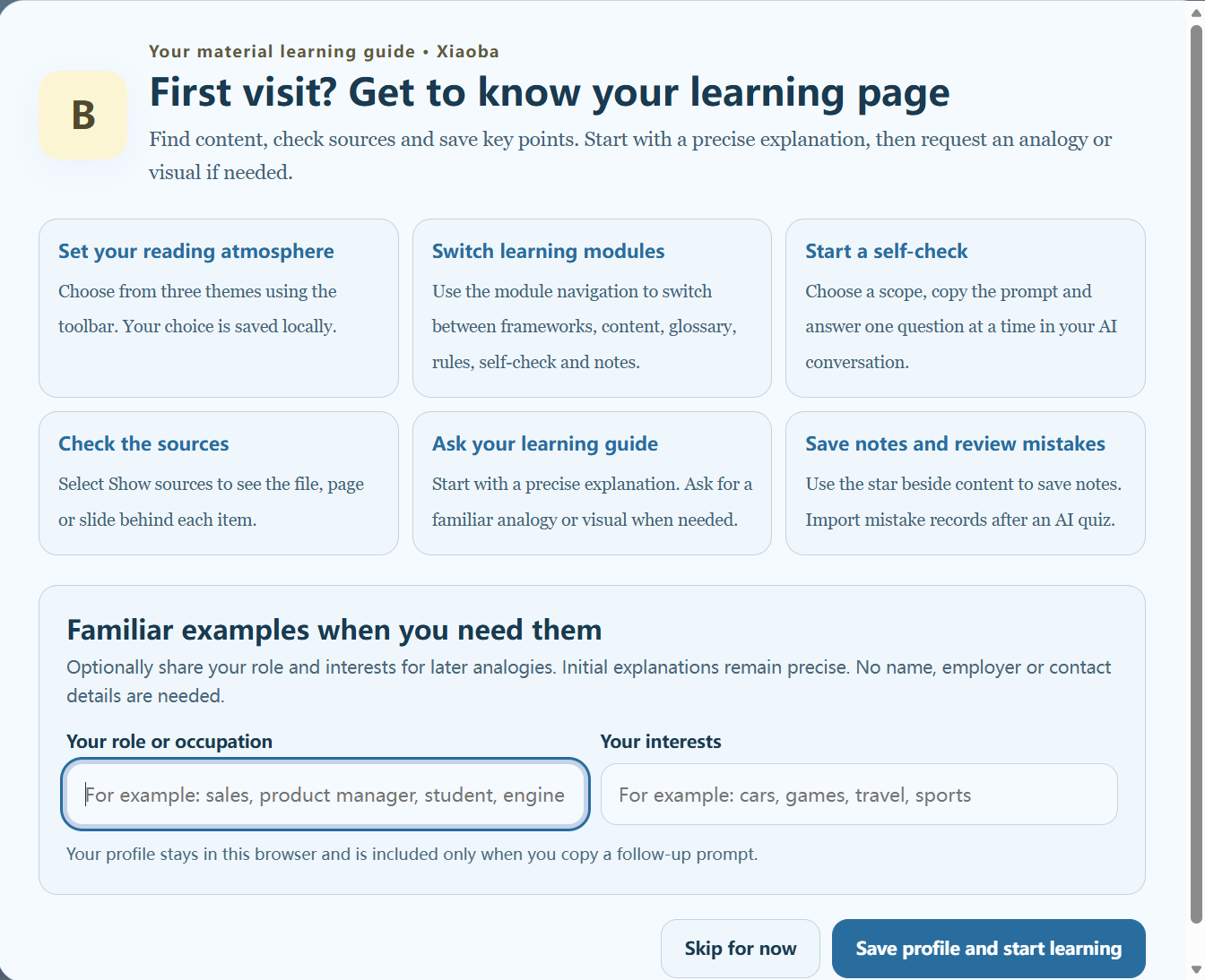 First-run learning guide explaining themes, modules, sources, self-check and local notes