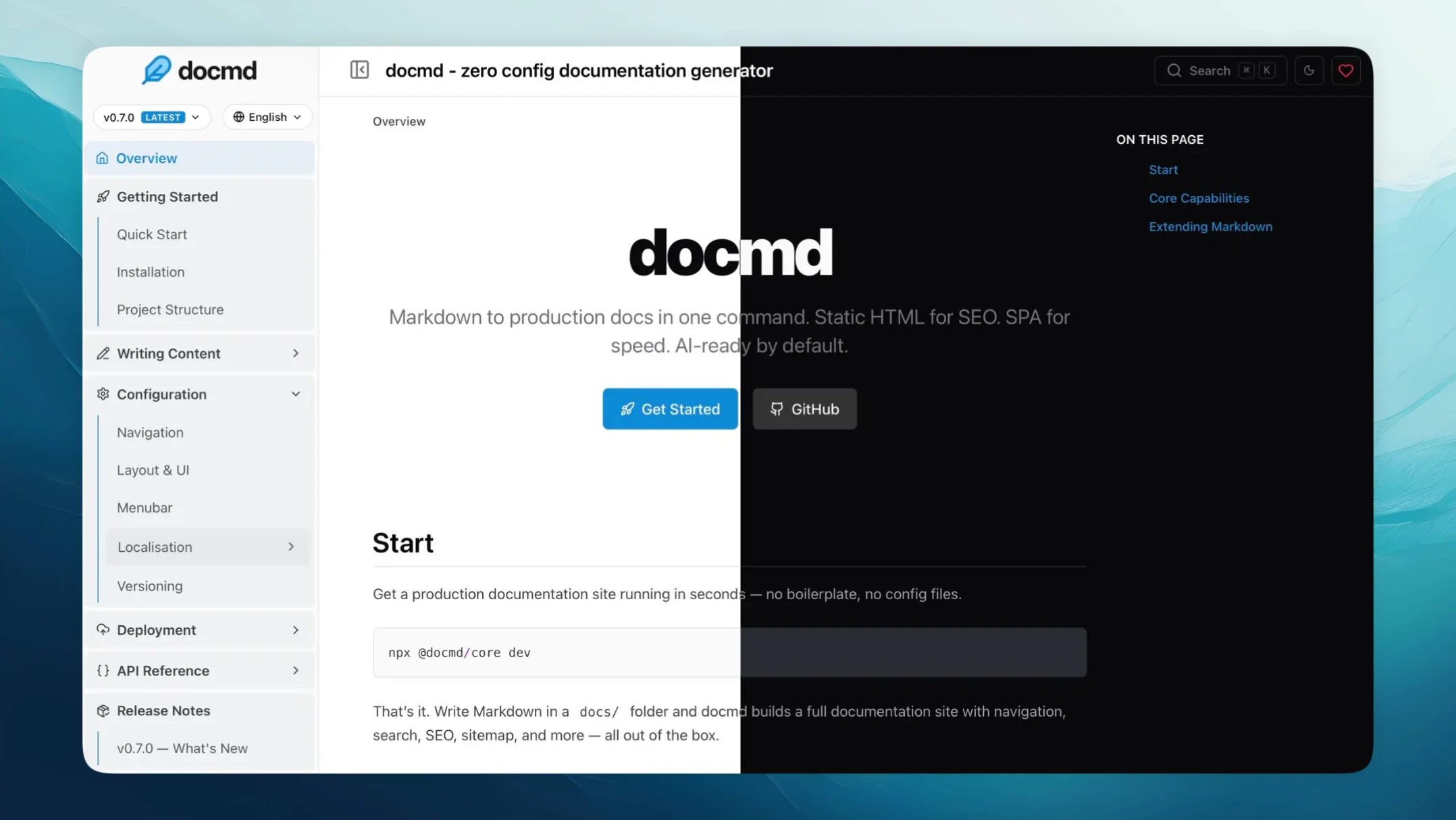 docmd documentation — light and dark mode preview