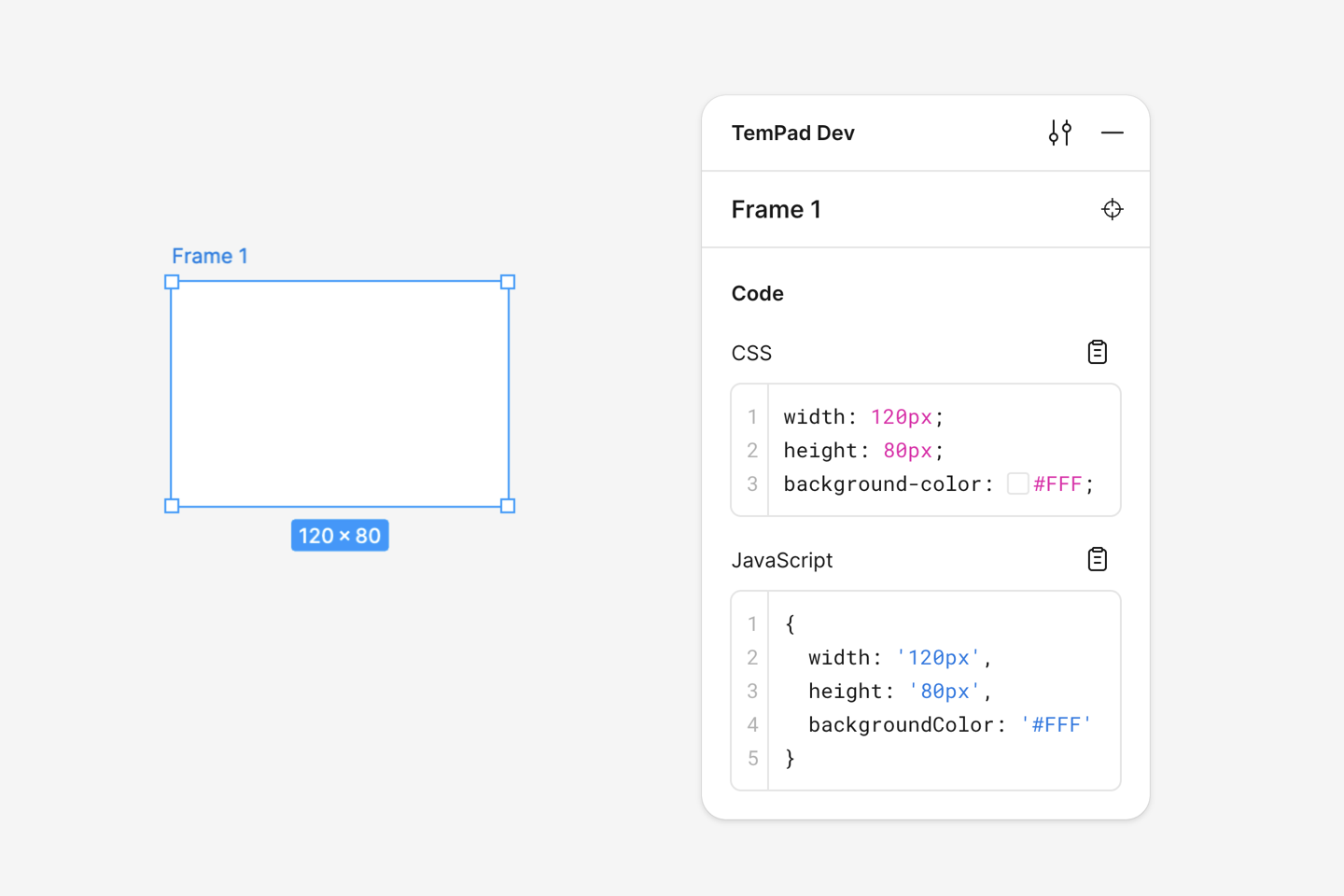 Shows the CSS and JavaScript code for a selected element.
