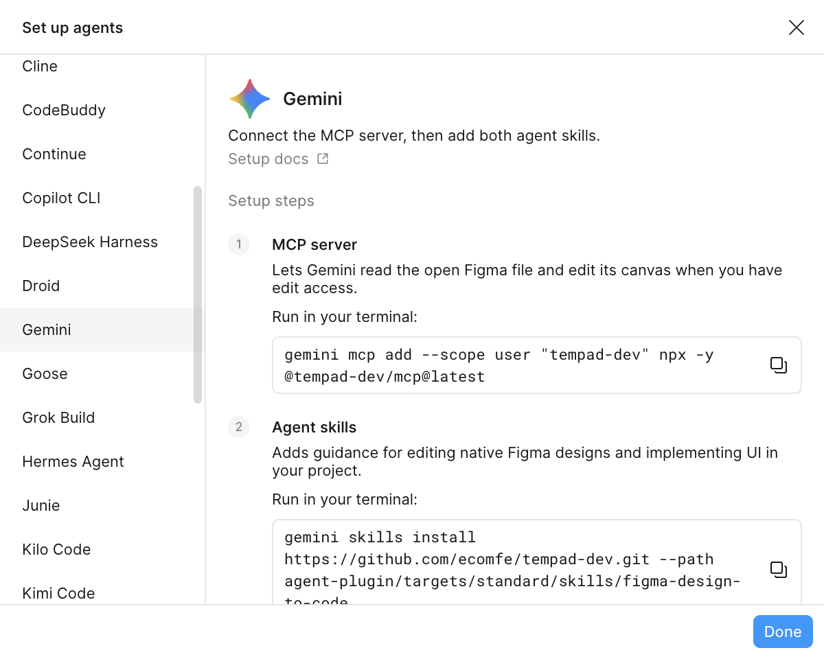 Gemini setup showing the MCP installation command.