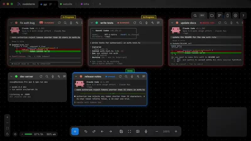 The kanban board — ⌘⇧B turns the canvas into cards, drag one to Done while it keeps running, the card modal with the live Claude Code session and comments