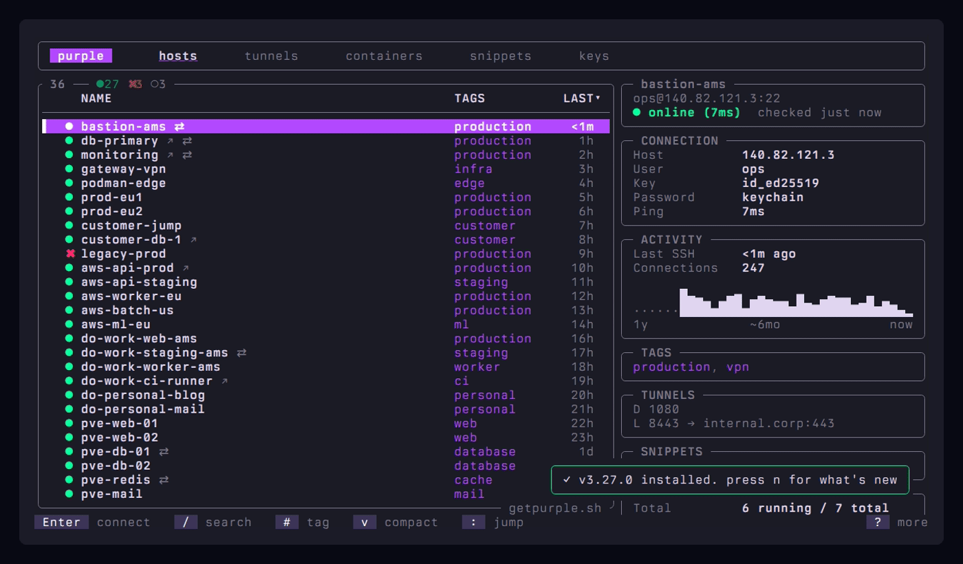purple terminal SSH client demo: searching hosts, monitoring live tunnels, managing containers, running snippets and inspecting keys